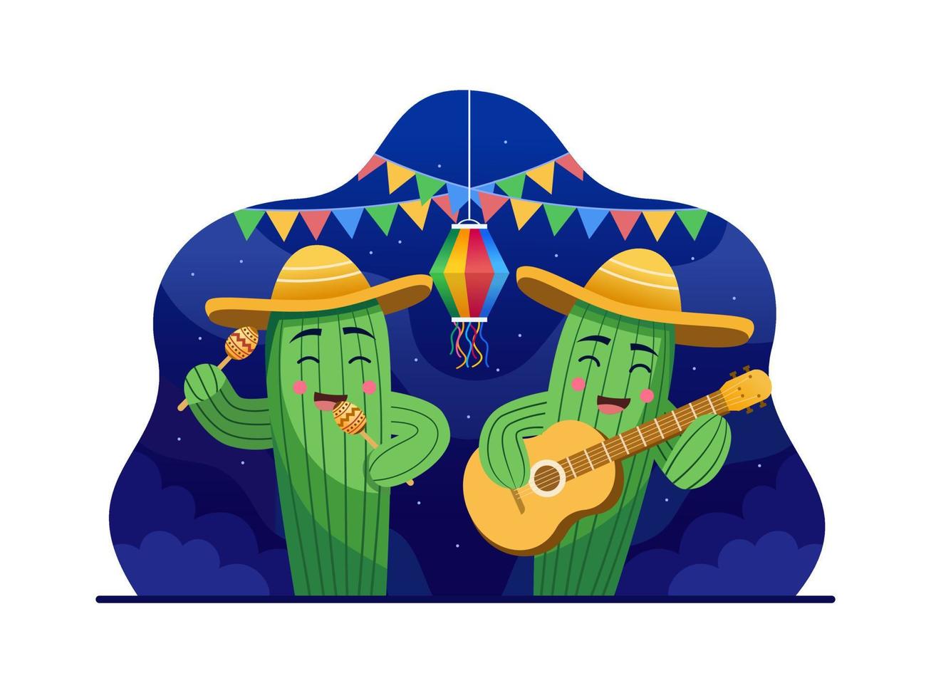 ilustración de dibujos animados de festa junina con personaje de cactus tocando música. Ilustración de vector de cinco de mayo. caricatura de cactus tocando guitarra y maracas. se puede utilizar para tarjetas de felicitación, impresión, postal, etc.