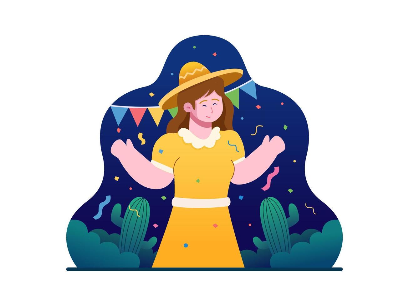Vector Flat Illustration Happy Woman Enjoying Festa Junina Celebration at Night Time. Can be Used for Greeting Card, Postcard, Poster, Web, Banner, Print, Etc