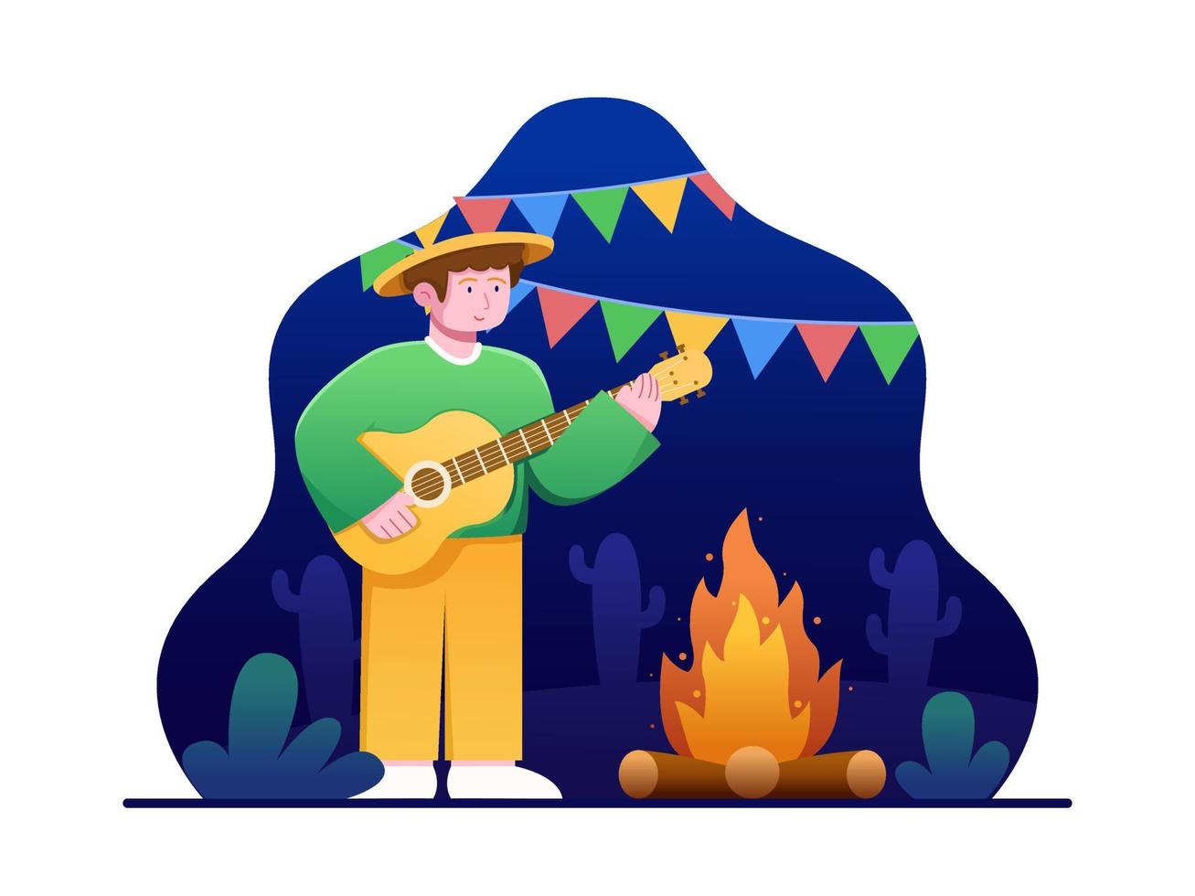 ilustración vectorial de personas tocando guitarra cerca de la hoguera para celebrar festa junina por la noche. se puede utilizar para tarjetas de felicitación, web, postales, redes sociales, impresión, etc. vector