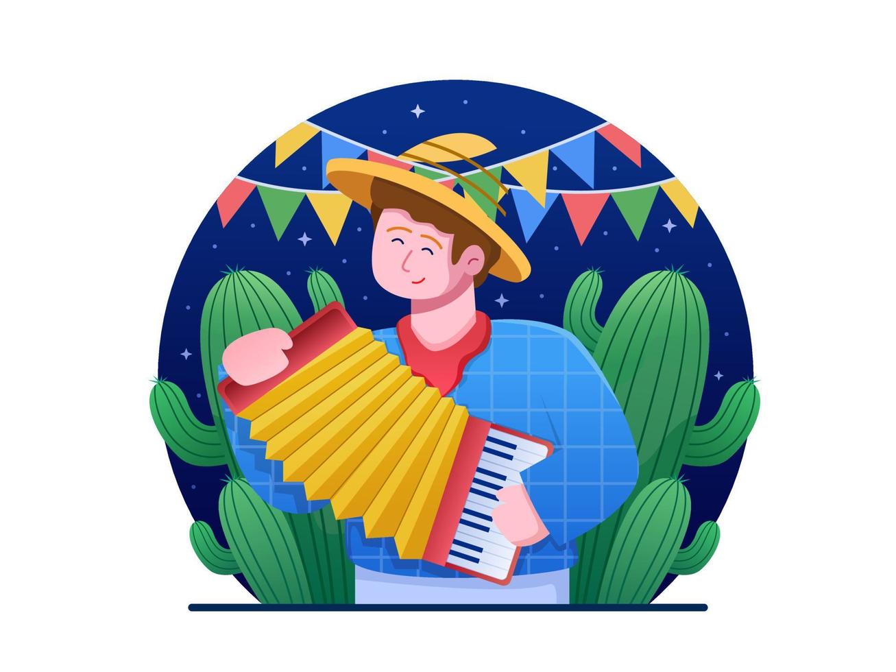 vector de ilustración de personas tocando un acordeón para celebrar festa junina. se puede utilizar para tarjetas de felicitación, postales, impresos, web, redes sociales, proyectos personales, etc.