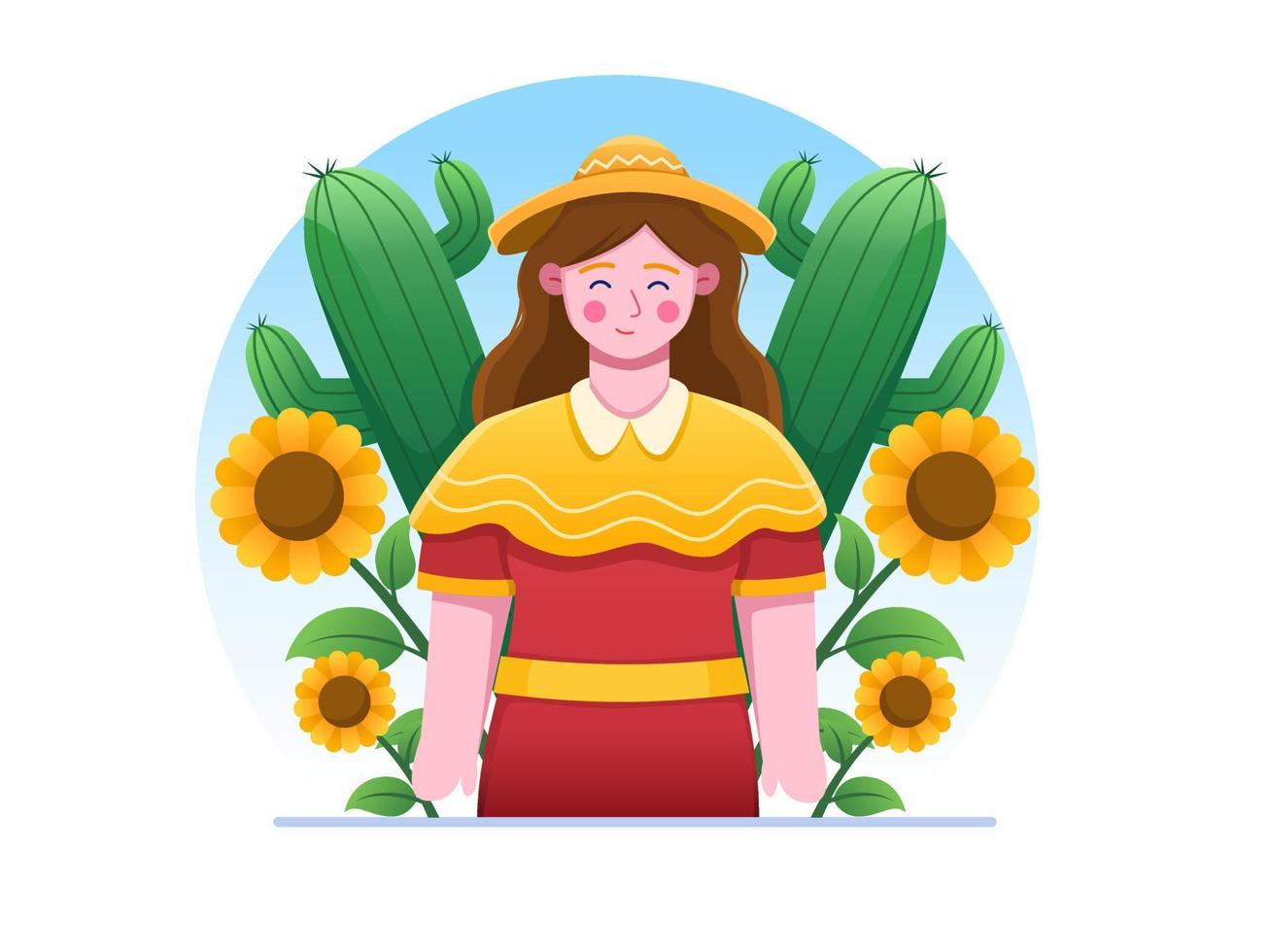 ilustración de dibujos animados vectoriales festa junina con mujer feliz usar sombrero y vestido, con un hermoso fondo de girasol y cactus. se puede utilizar para postal, tarjeta de felicitación, impresión, plantilla, web, etc. vector