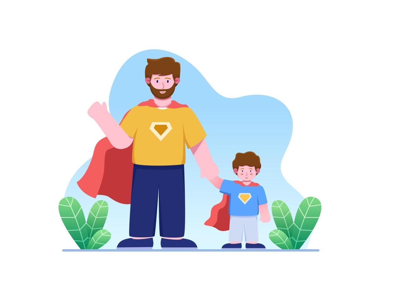 ilustración del día del padre con papá e hijo con traje de superhéroe. padre e hijo celebran juntos el día del padre. se puede utilizar para tarjetas de felicitación, web, postales, animaciones, etc. vector