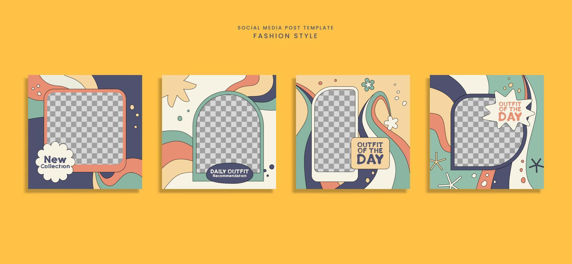 Set of groovy fashion style social media post template vector