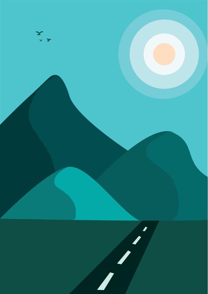 vista a la montaña y un camino en el medio, fondo de montaña nocturno vector