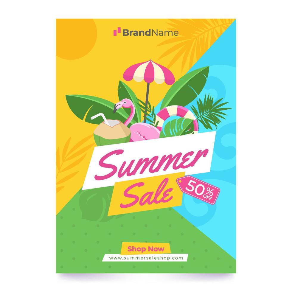 Summer Sale Flamingo and Tropical Leaves Poster Template vector