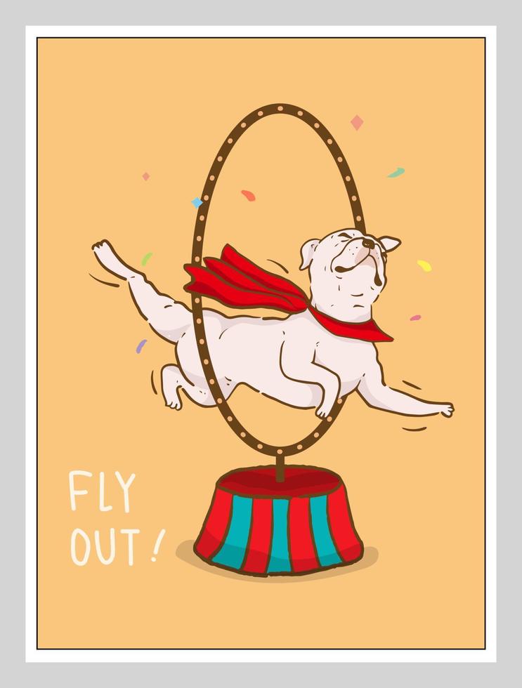 french bulldog Circus dog performing a circus show. Jumping Through Hanging Hula Hoop, poster, postcard and cover design vector