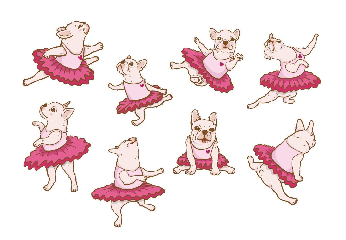 Cute french bulldog dancing ballet in different poses dancing dog isolated vector set