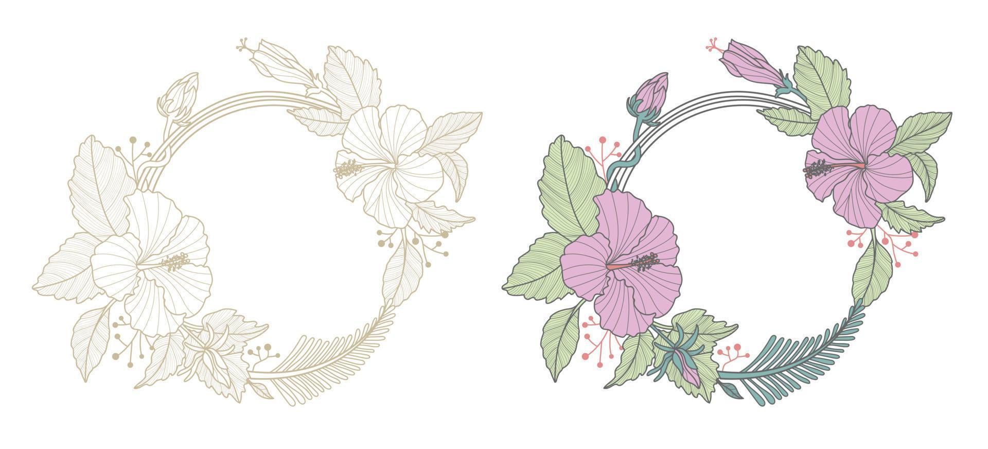 flower frame with circular border . tropical flowers . Magenta hibiscus