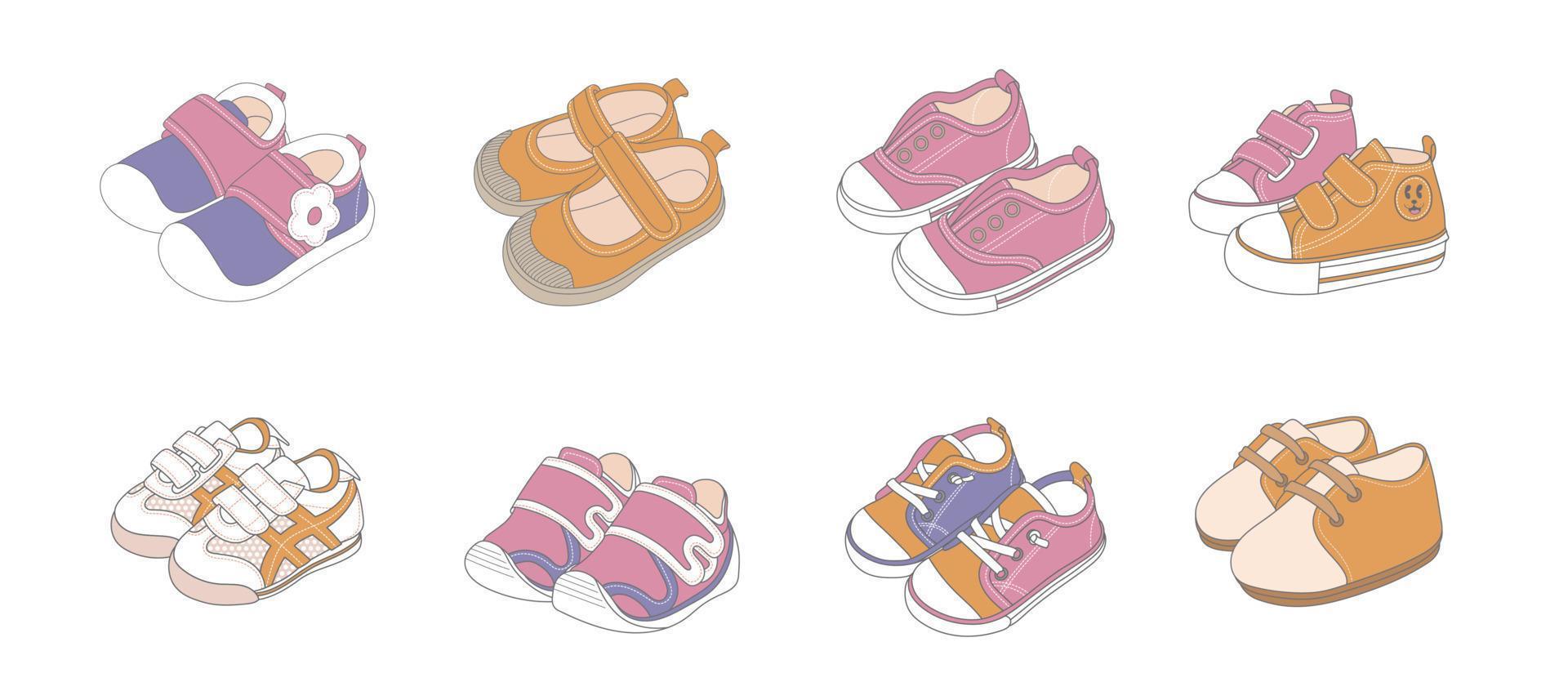 zapatos de bebé, conjunto de adornos de zapatos para niños vector
