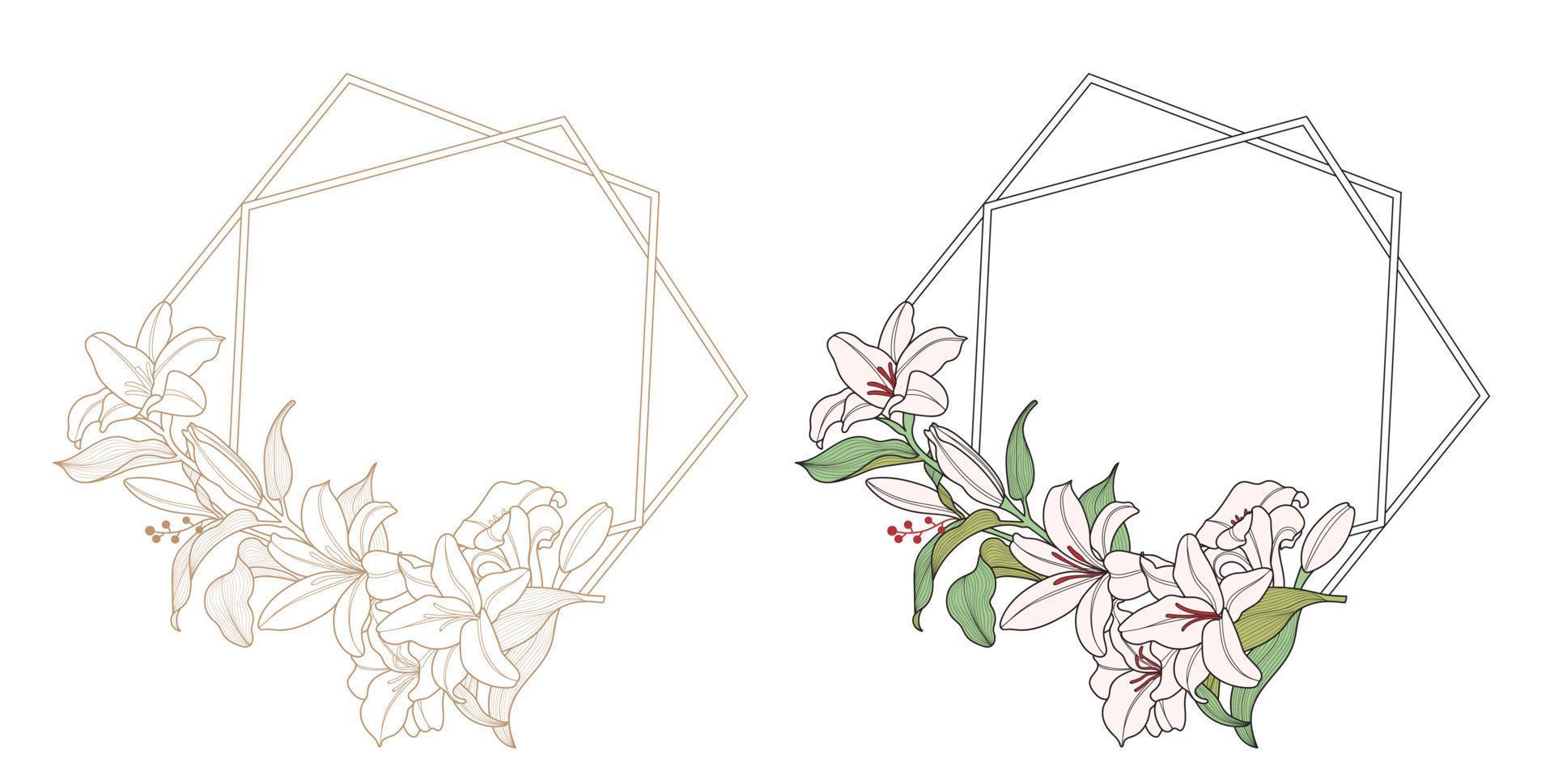 lily flower frame with polygon shape border vector