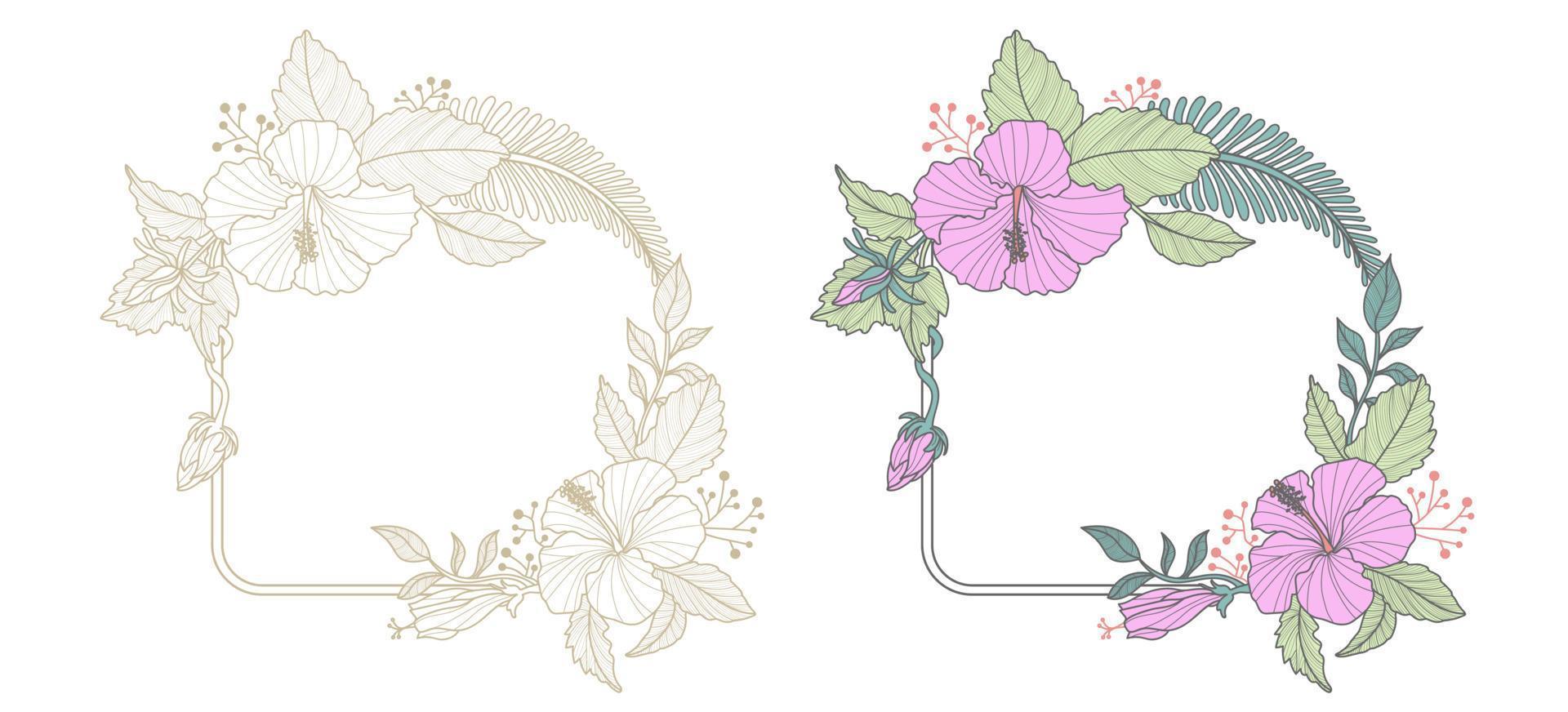 flower frame with square border . tropical flowers . Magenta hibiscus flower vector