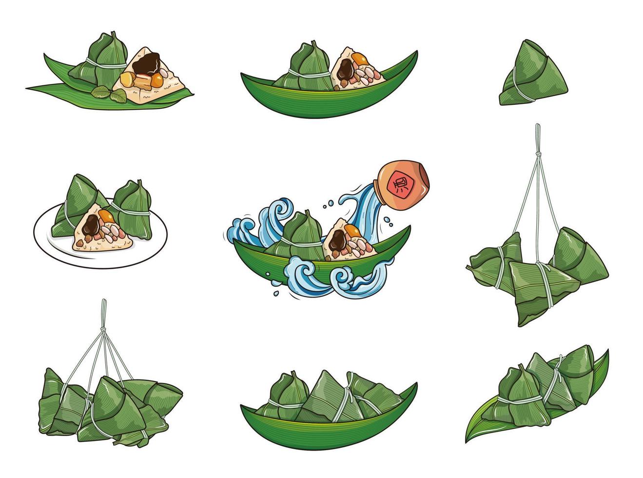 bola de masa de arroz, zongzi, elementos del festival del bote del dragón conjunto aislado vector