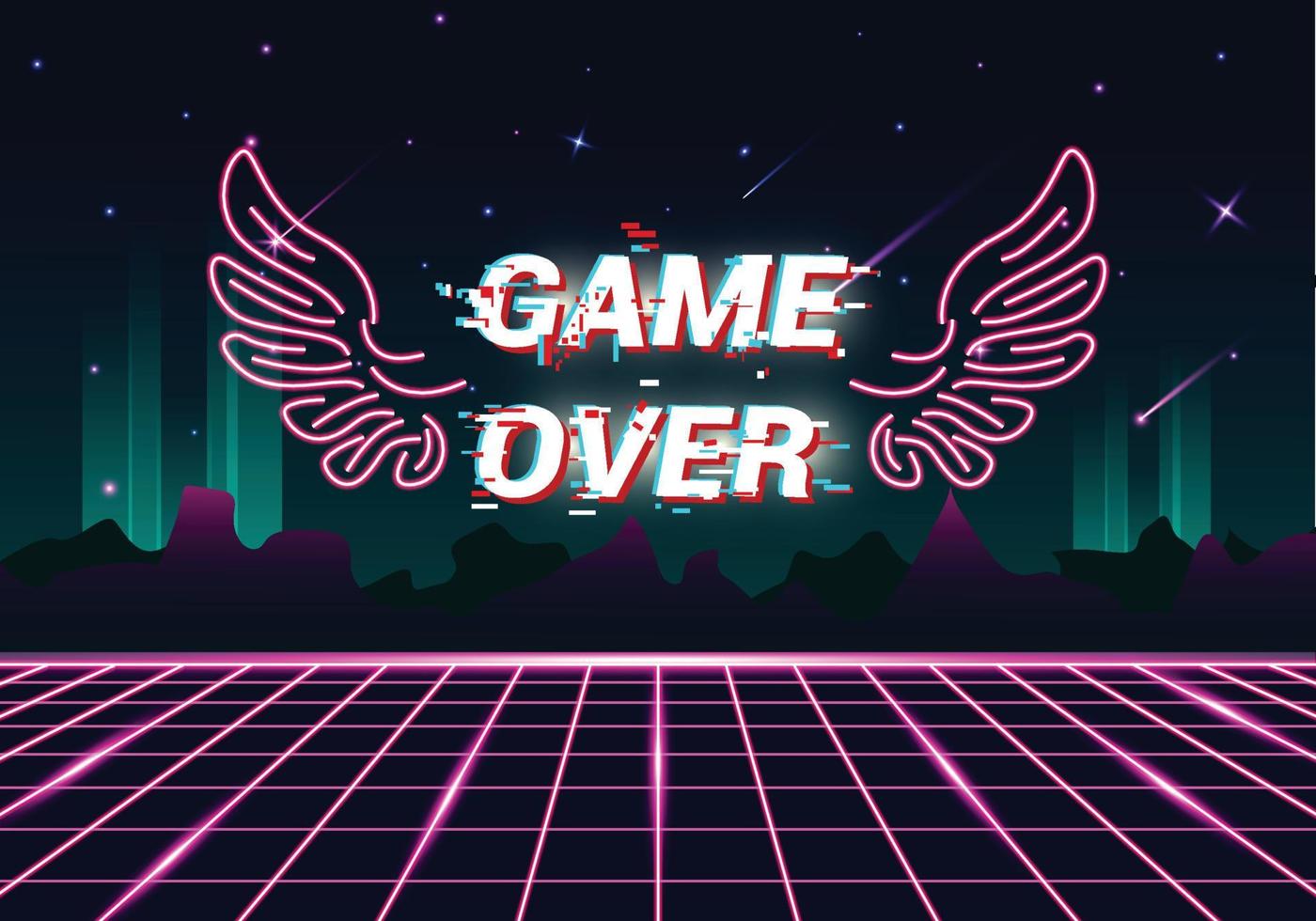 retro neon with mountain decorations and gameover writing vector
