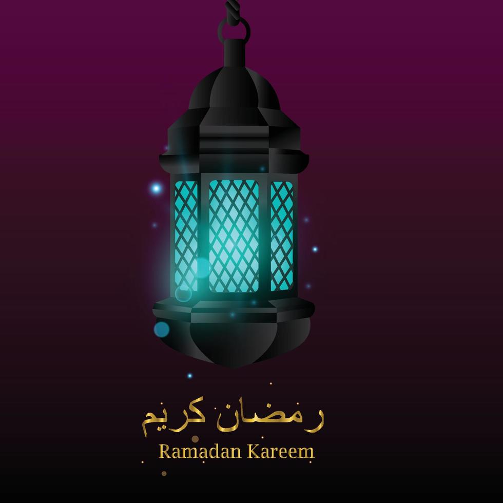 luces de ramadán en azul y decoraciones de escritura árabe en oro vector