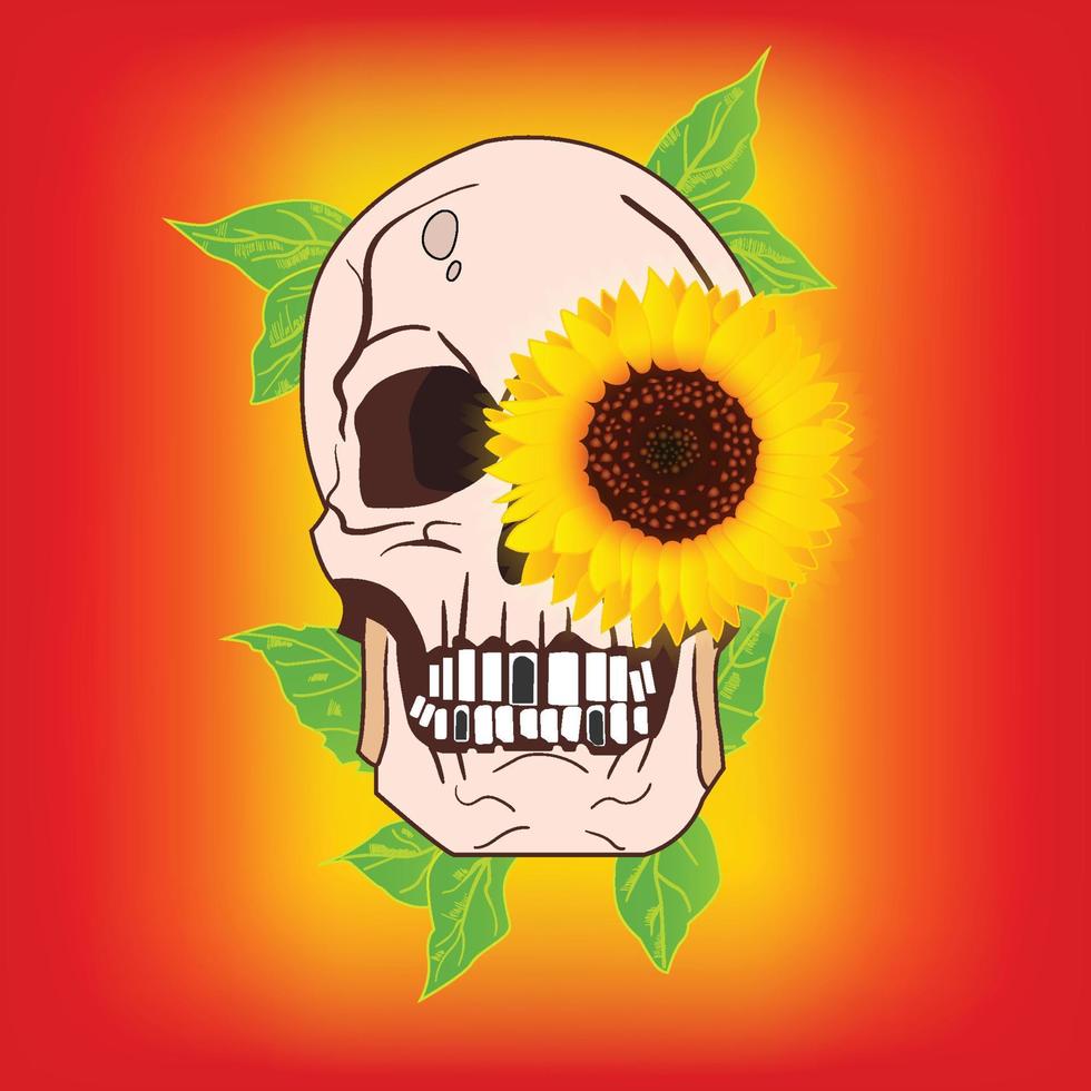 Skull with Beautiful Sunflower and Retro Background vector