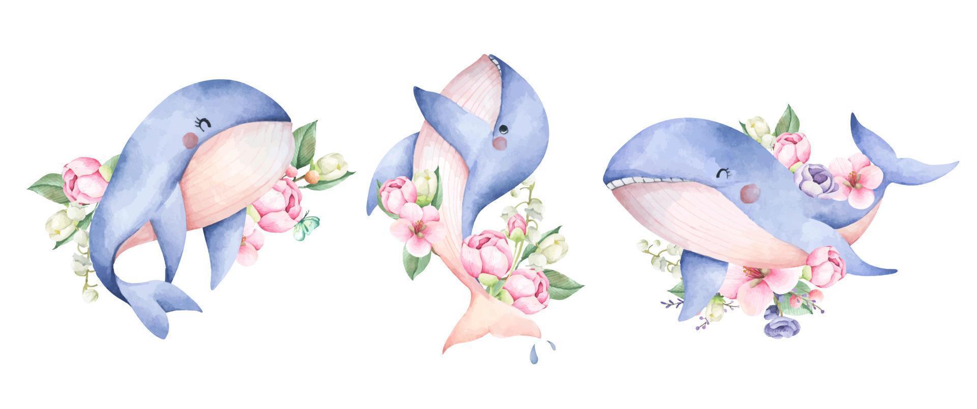 Watercolor composition with blue whale and flowers. Underwater animal art. vector