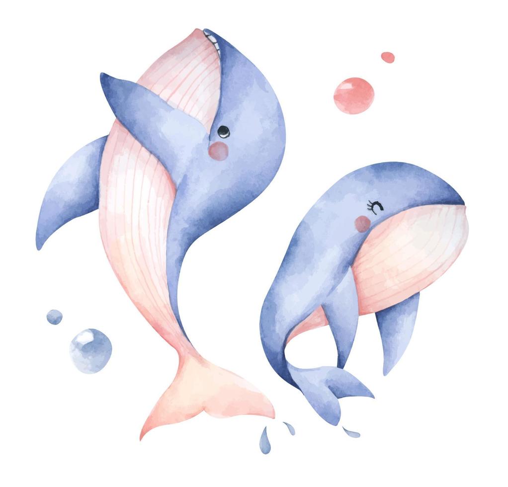 Set of Cute blue whale. Underwater animal art. Watercolor illustration. vector