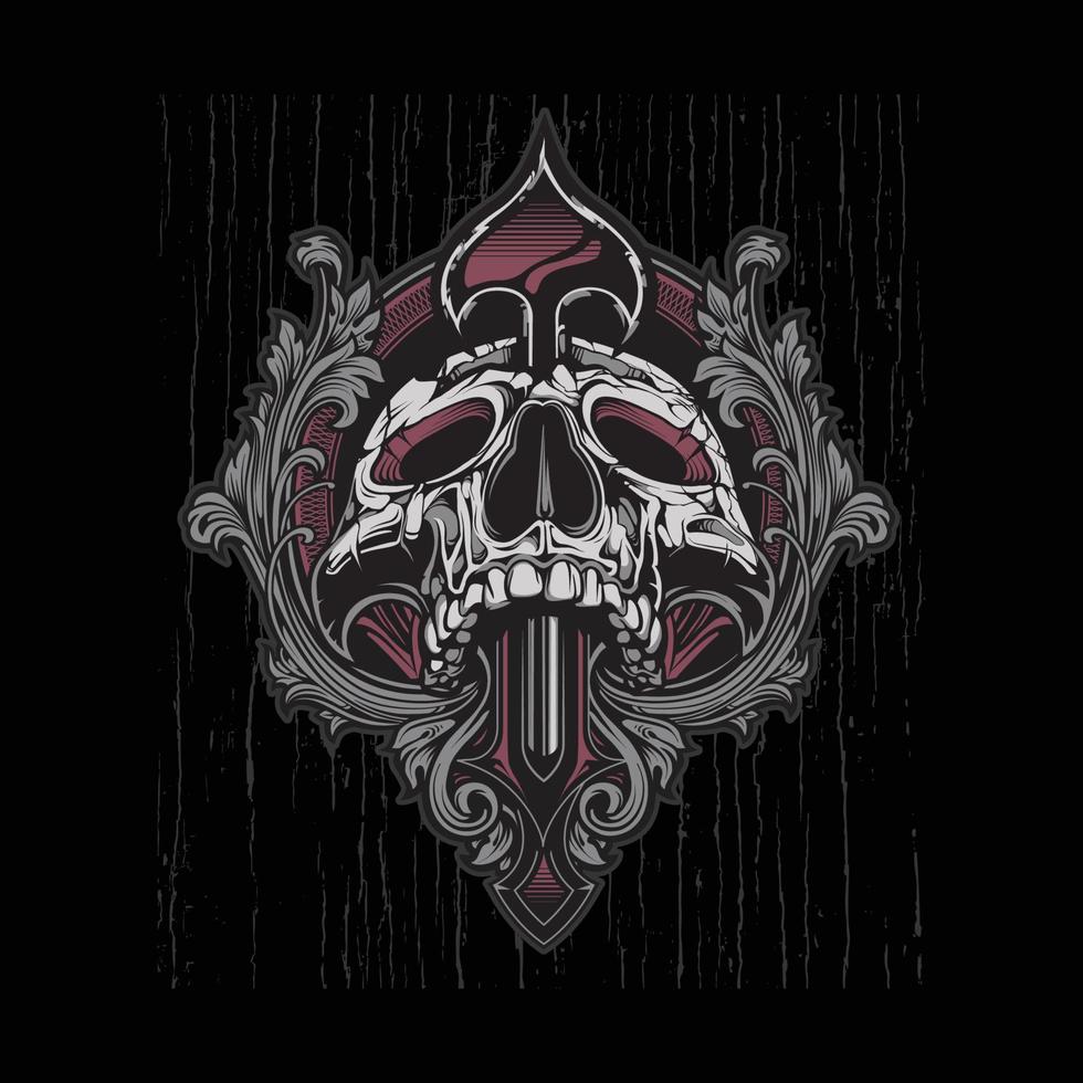 Ornate heraldry crest with skull slain by a spear through it's head T shirt.Can be used for t-shirt print, mug print, pillows, fashion print design, kids wear, baby shower, greeting and postcard. vector