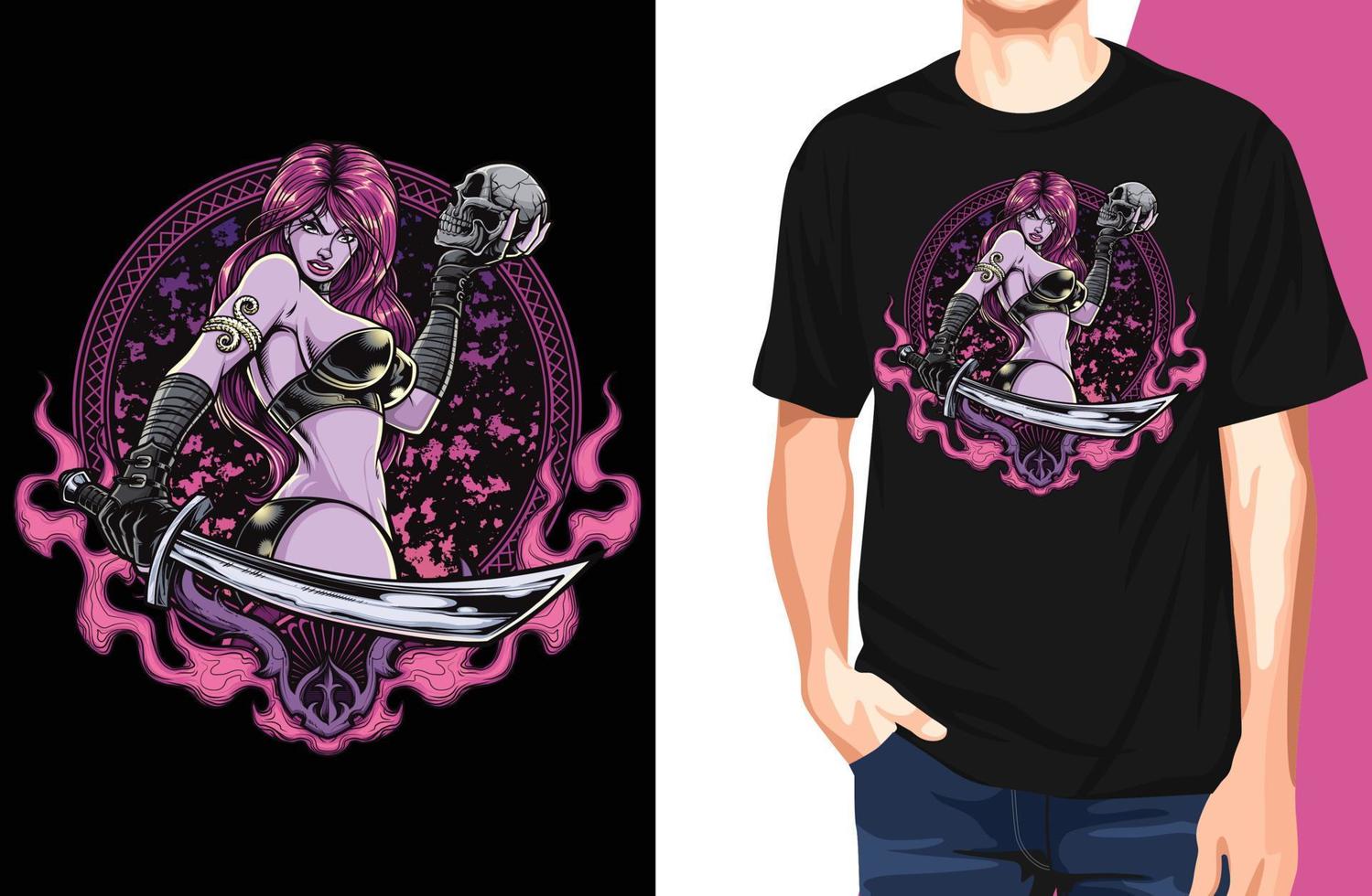 Warrior pinup in sexy leather bikini holding sword and skull of one of her many victims T Shirt.Can be used for t-shirt print, mug print, pillows, fashion print design, kids wear, baby shower, vector