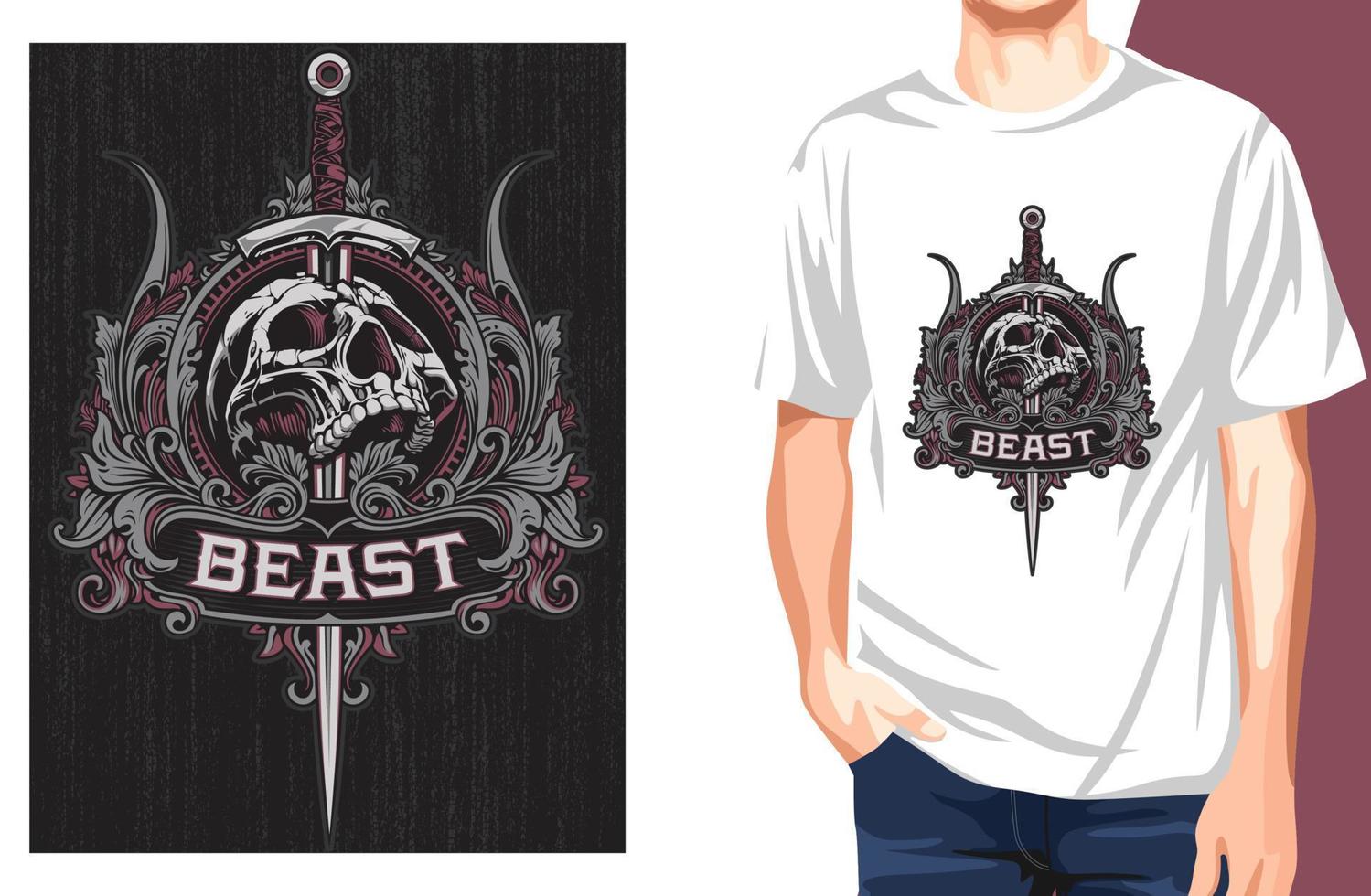 Ornate heraldry crest with skull slain by a spear through it's head T shirt.Can be used for t-shirt print, mug print, pillows, fashion print design, kids wear, baby shower, greeting and postcard. vector