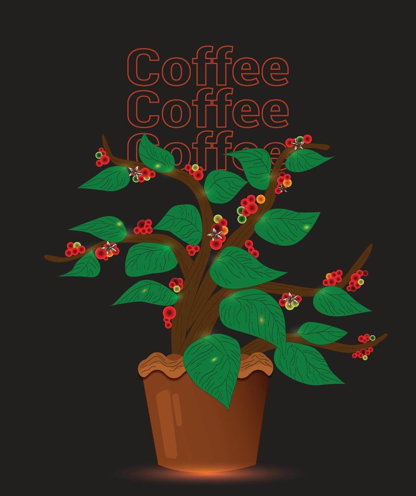 árbol de café con decoración de hojas y maceta marrón vector
