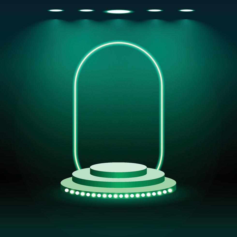 Green podium with green lamp and green neon vector