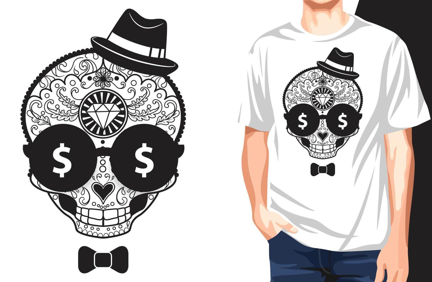 divertido diseño de camiseta de vector de calavera de azúcar. Puede usarse para impresión de camiseta, impresión de taza, almohadas, diseño de impresión de moda, ropa para niños, baby shower, saludo y postal. diseño de camiseta