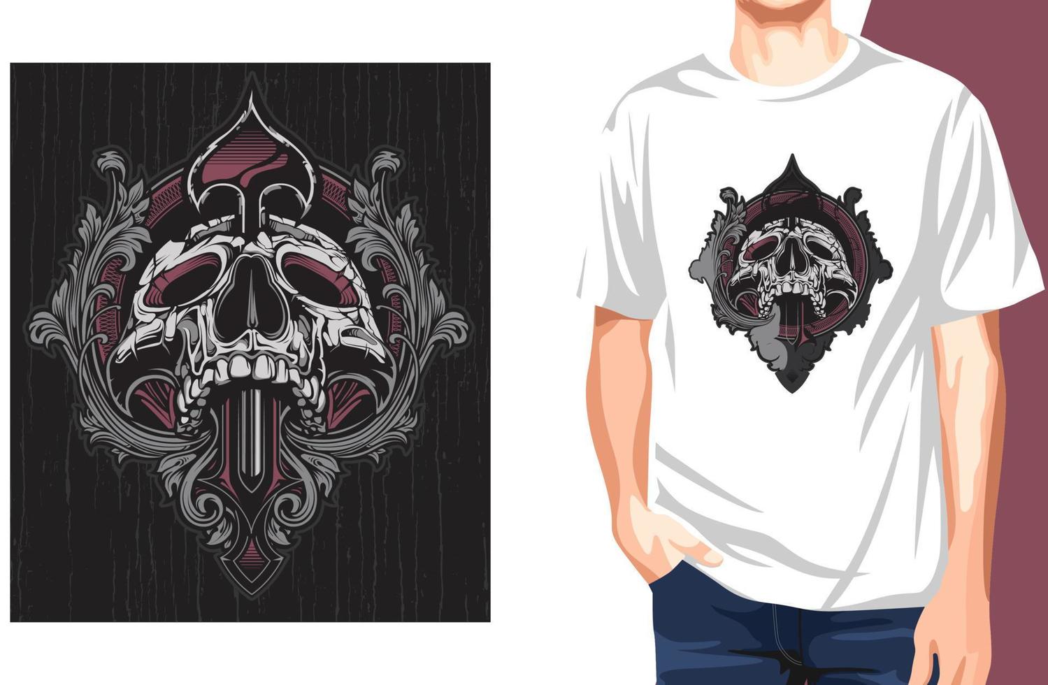 Ornate heraldry crest with skull slain by a spear through it's head T shirt.Can be used for t-shirt print, mug print, pillows, fashion print design, kids wear, baby shower, greeting and postcard. vector