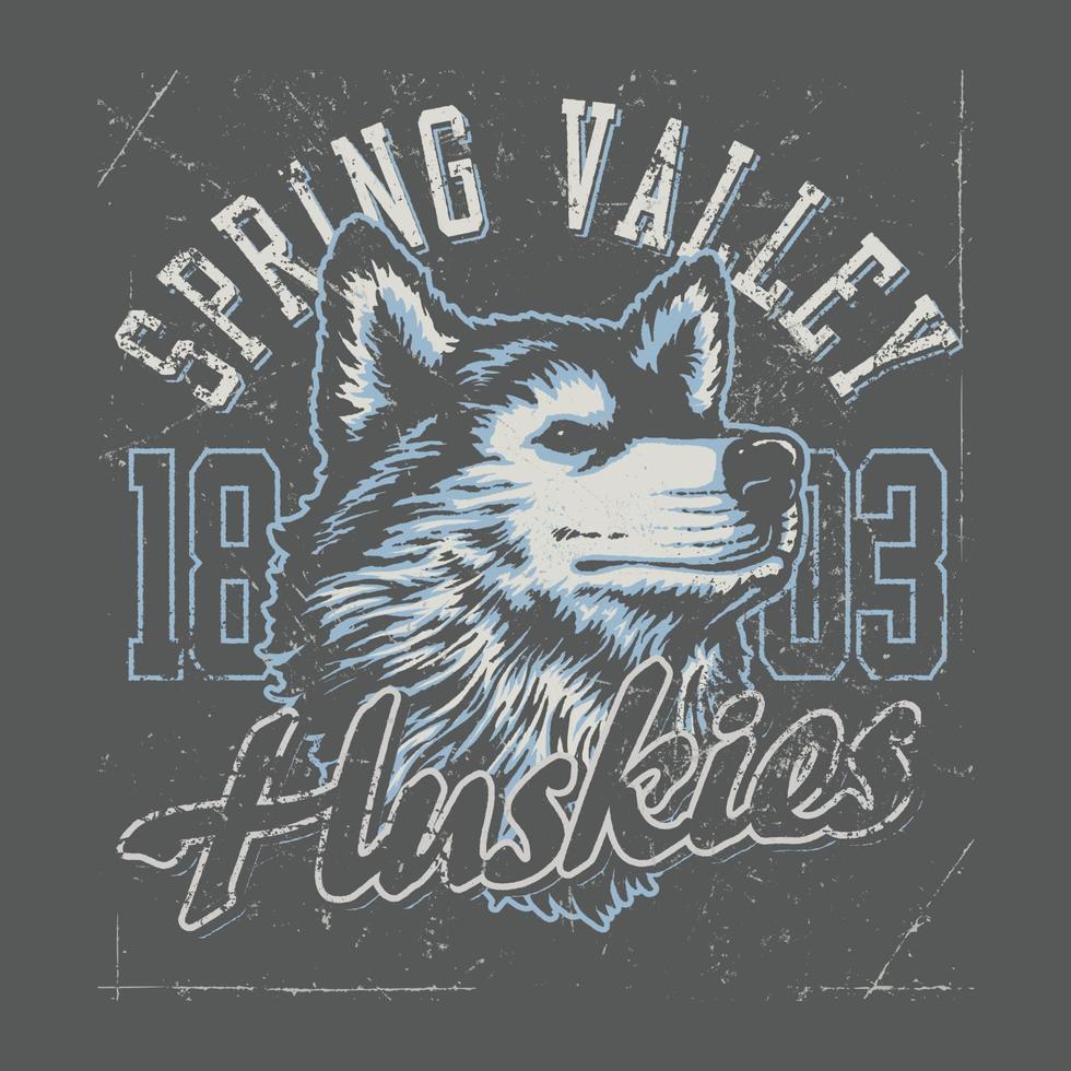 Camiseta Spring Valley Huskies. Puede usarse para estampado de camisetas, estampado de tazas, almohadas, diseño de estampado de moda, ropa para niños, baby shower, saludo y postal. diseño de camiseta vector