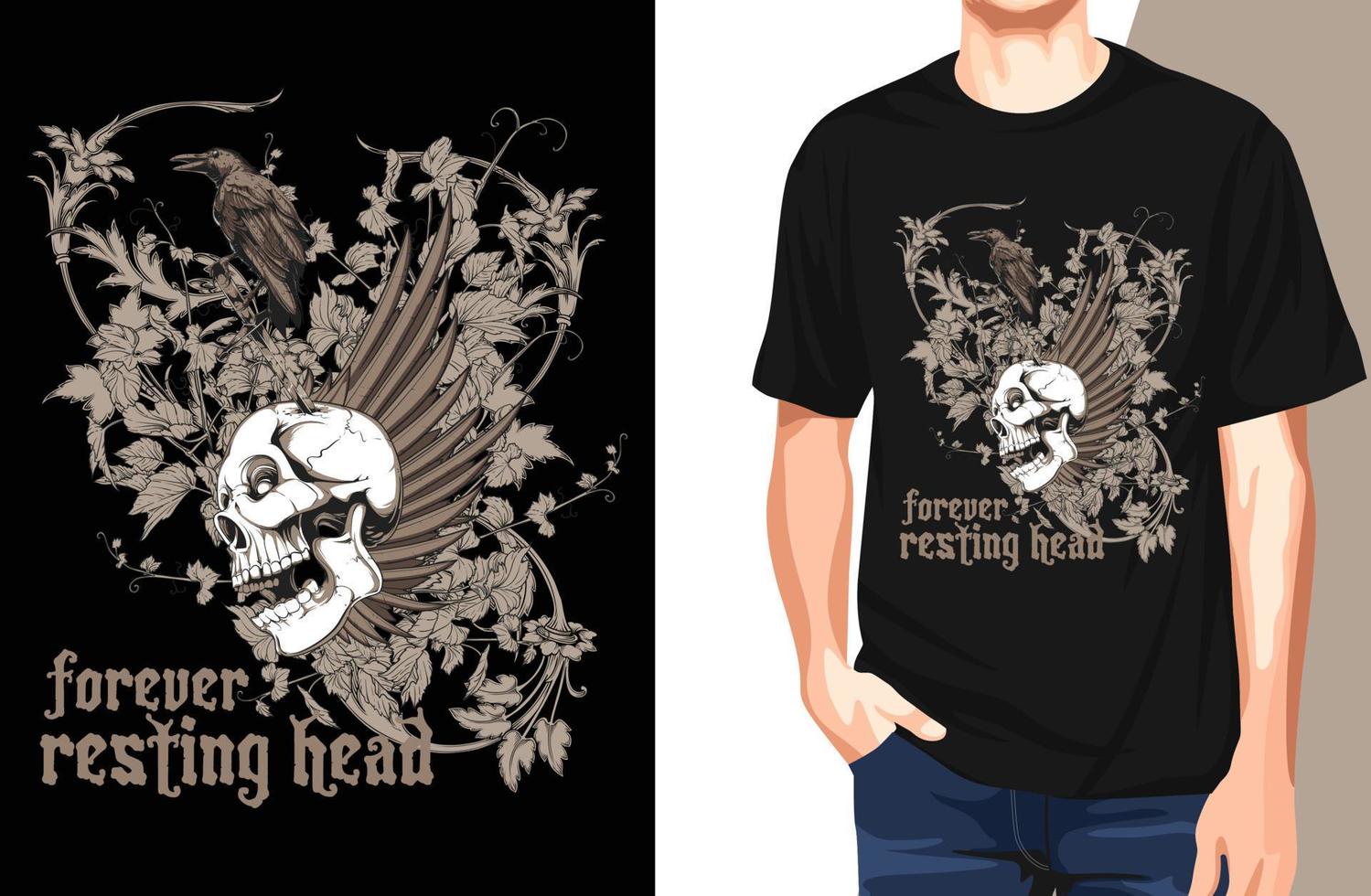 Forever Resting Skull Raven Death Floral Fly T-shirt.Can be used for t-shirt print, mug print, pillows, fashion print design, kids wear, baby shower, greeting and postcard. t-shirt design vector