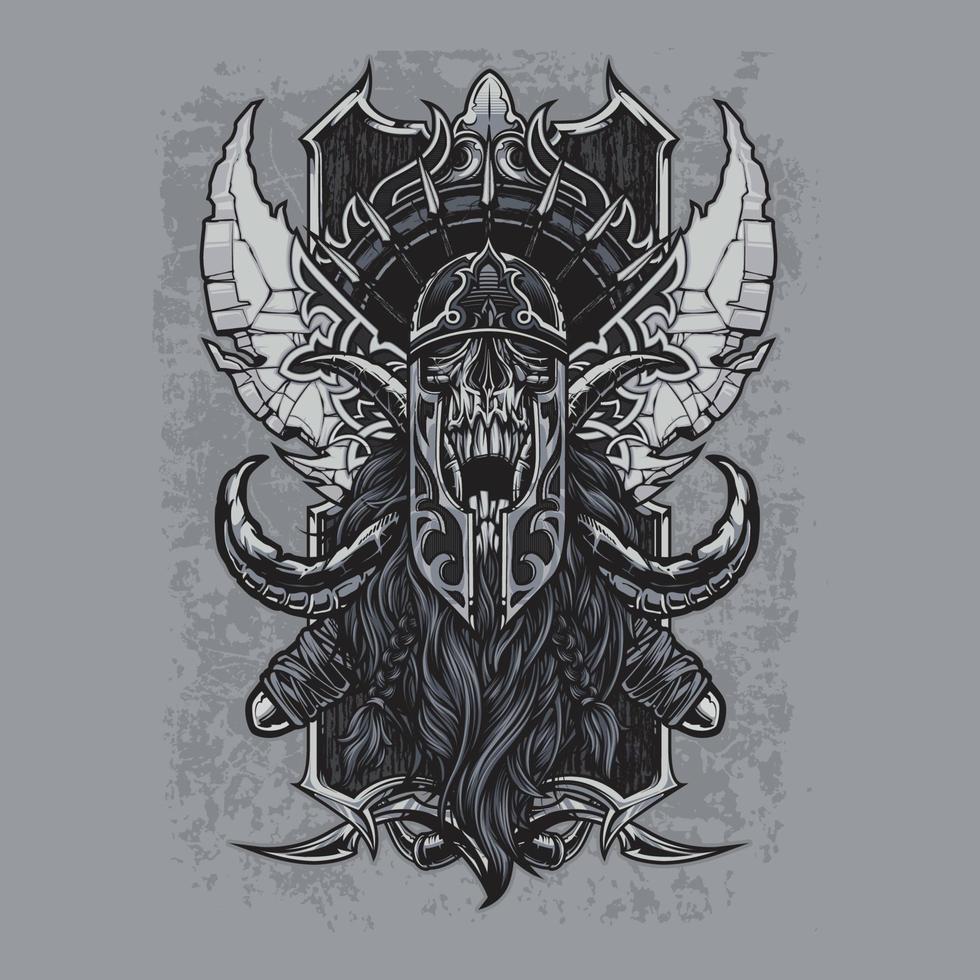 diseño de camiseta de calavera vikinga. Puede usarse para impresión de camiseta, impresión de taza, almohadas, diseño de impresión de moda, ropa para niños, baby shower, saludo y postal. diseño de camiseta vector