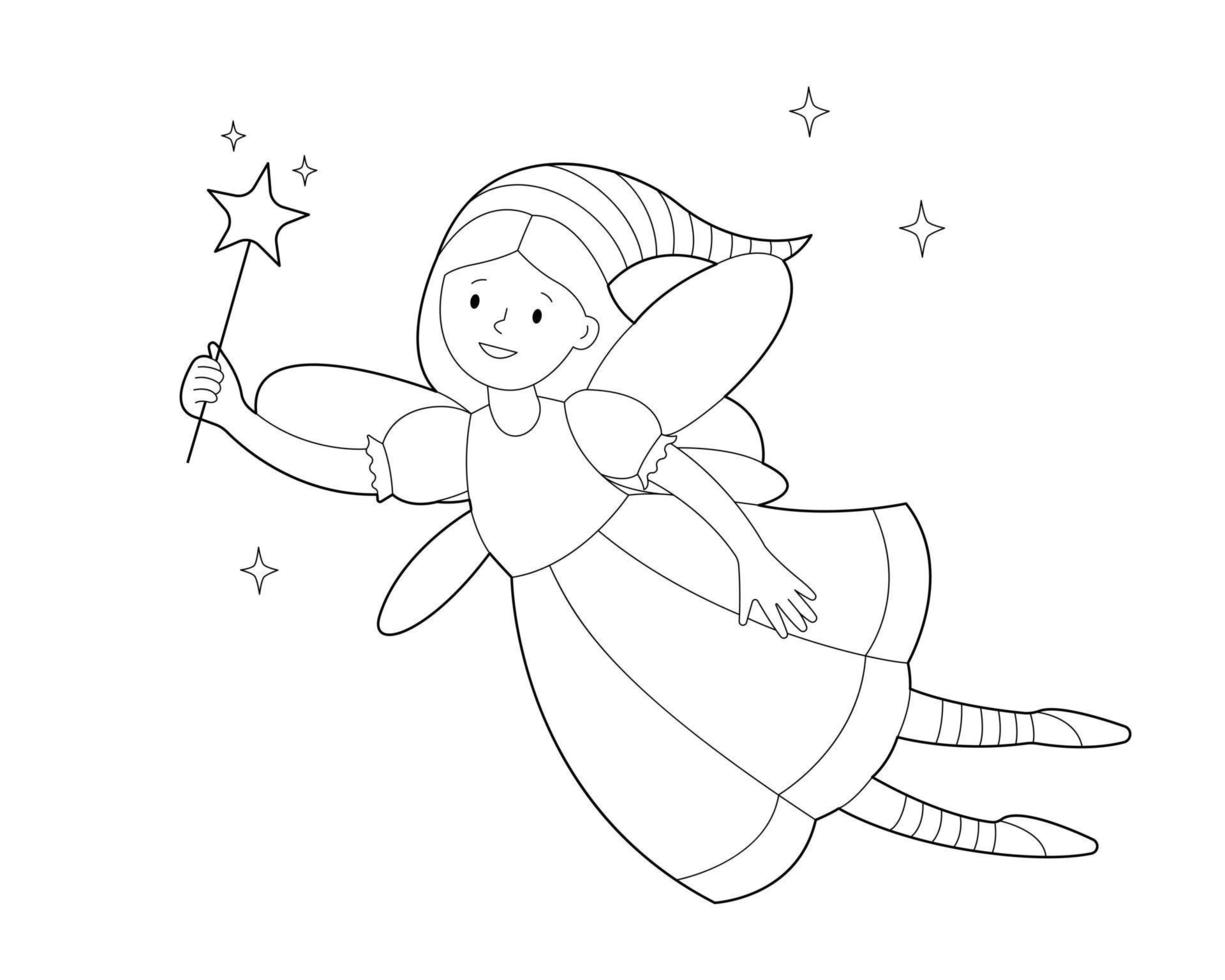 Fairy tale fairy with long hair with a magic wand in her hand, coloring  book for kids. 7874174 Vector Art at Vecteezy