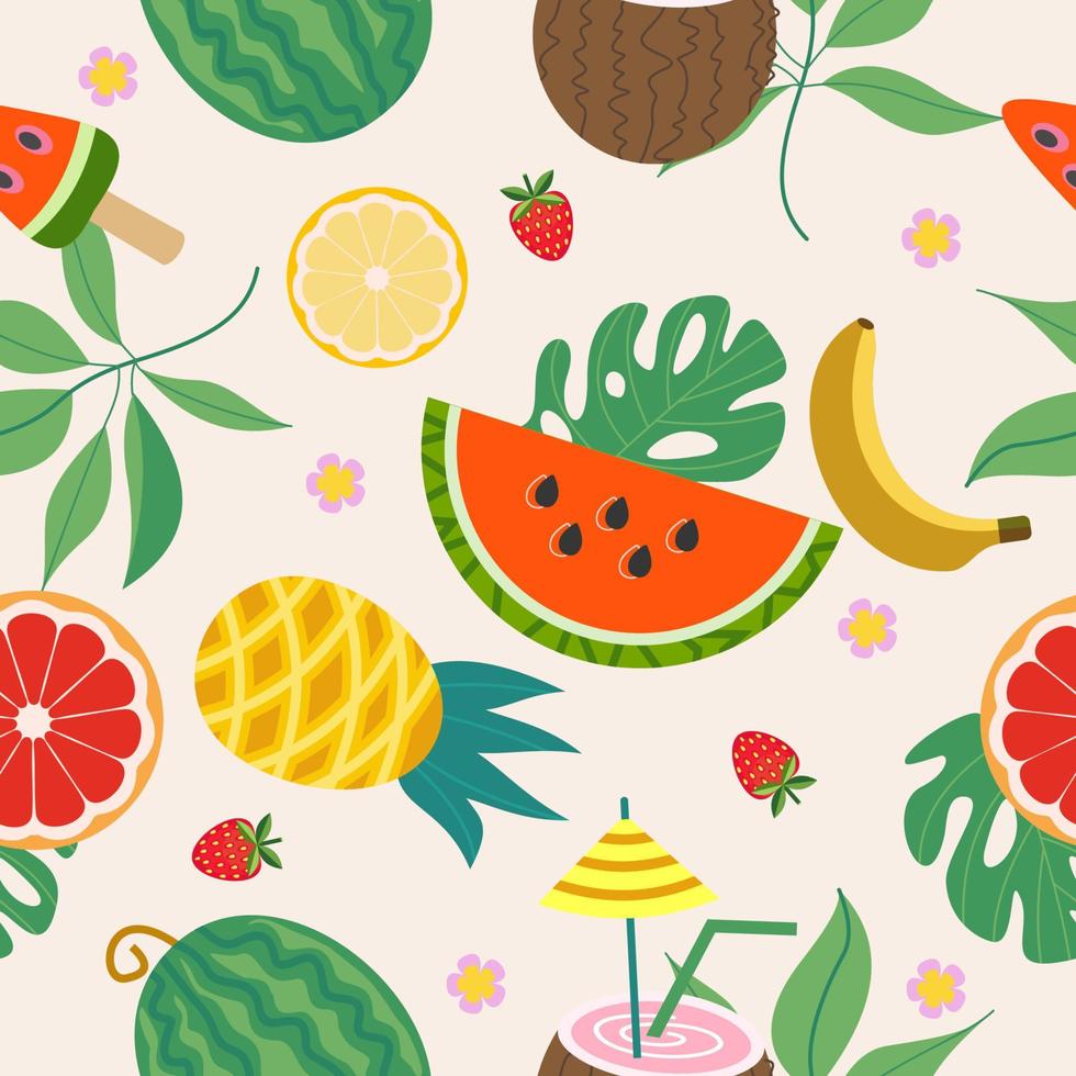 Summer bright vector seamless pattern with juicy fruits and tropical leaves.