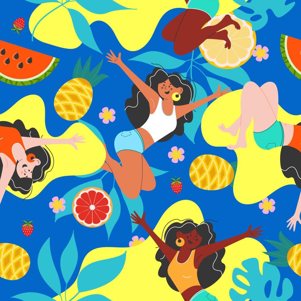 Summer bright vector seamless pattern with juicy fruits and tropical leaves.