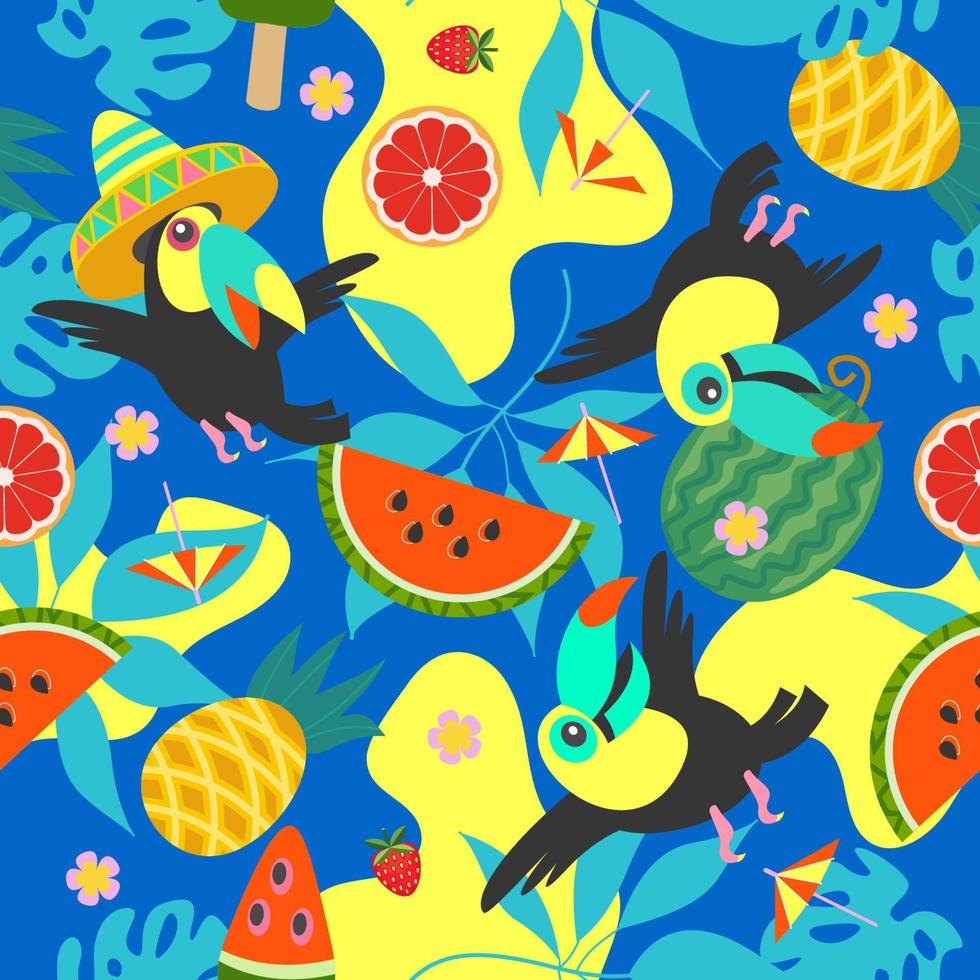 Summer bright vector seamless pattern with juicy fruits and tropical leaves.