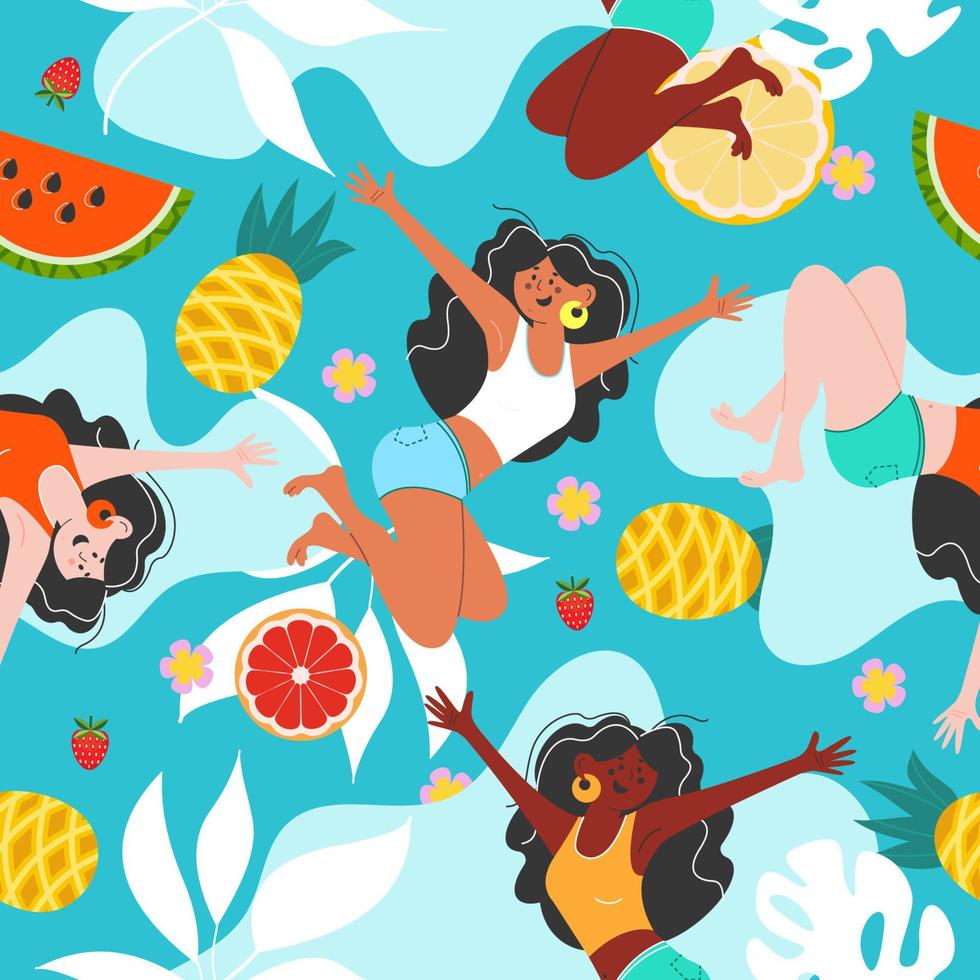 Summer bright vector seamless pattern with juicy fruits and tropical leaves.