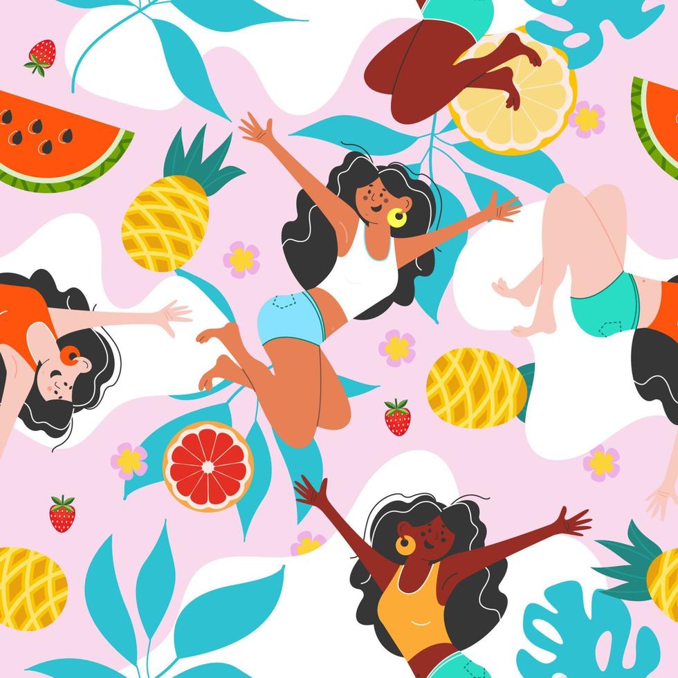 Summer bright vector seamless pattern with juicy fruits and tropical leaves.