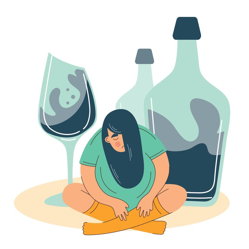 Alcohol abuse and depression problem of female. Woman alcoholism social problem. vector