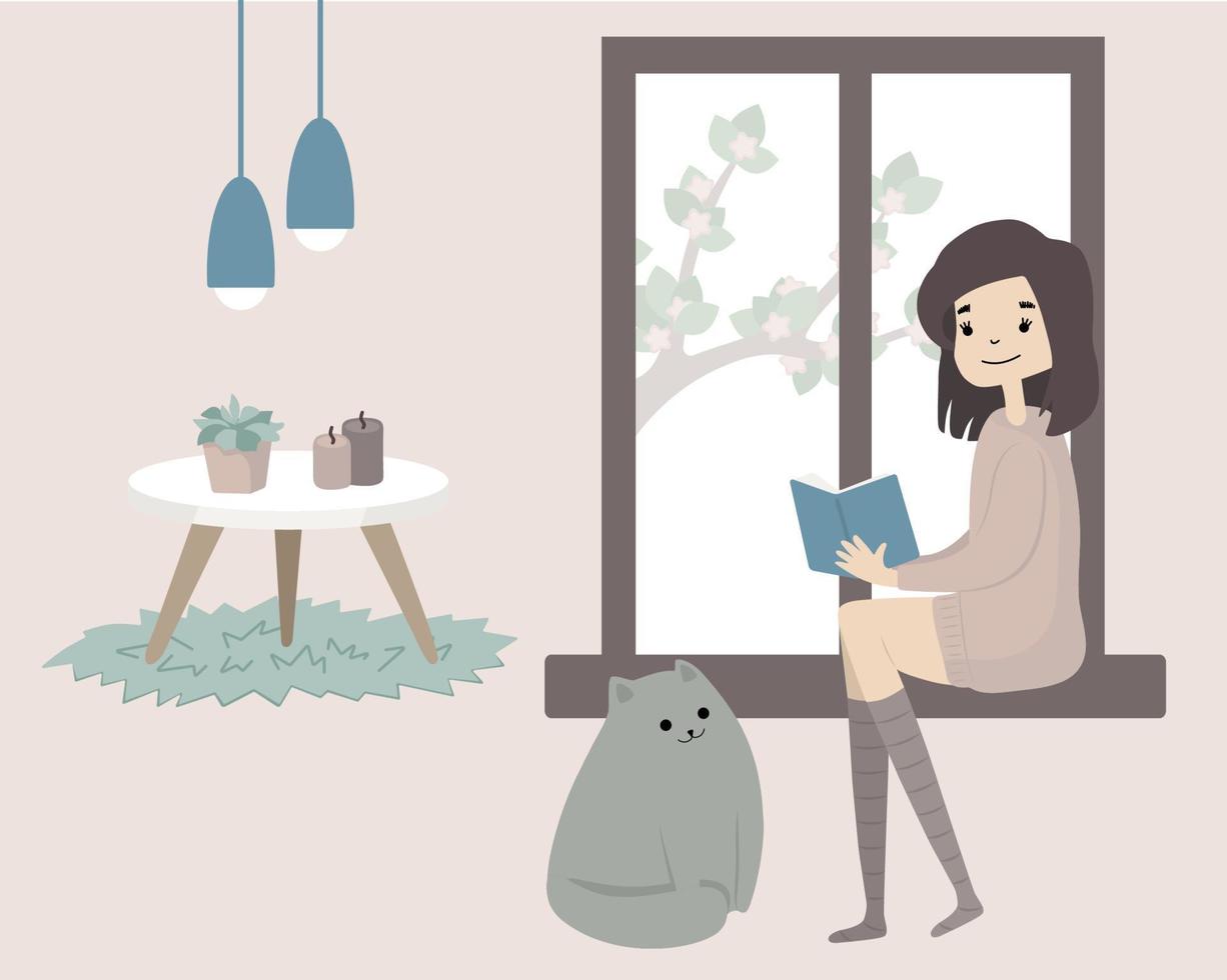 quedarse en casa concepto. rutina de dia niña leyendo libro con gato. acogedor interior escandinavo moderno. autoaislamiento, cuarentena. coronavirus. vector