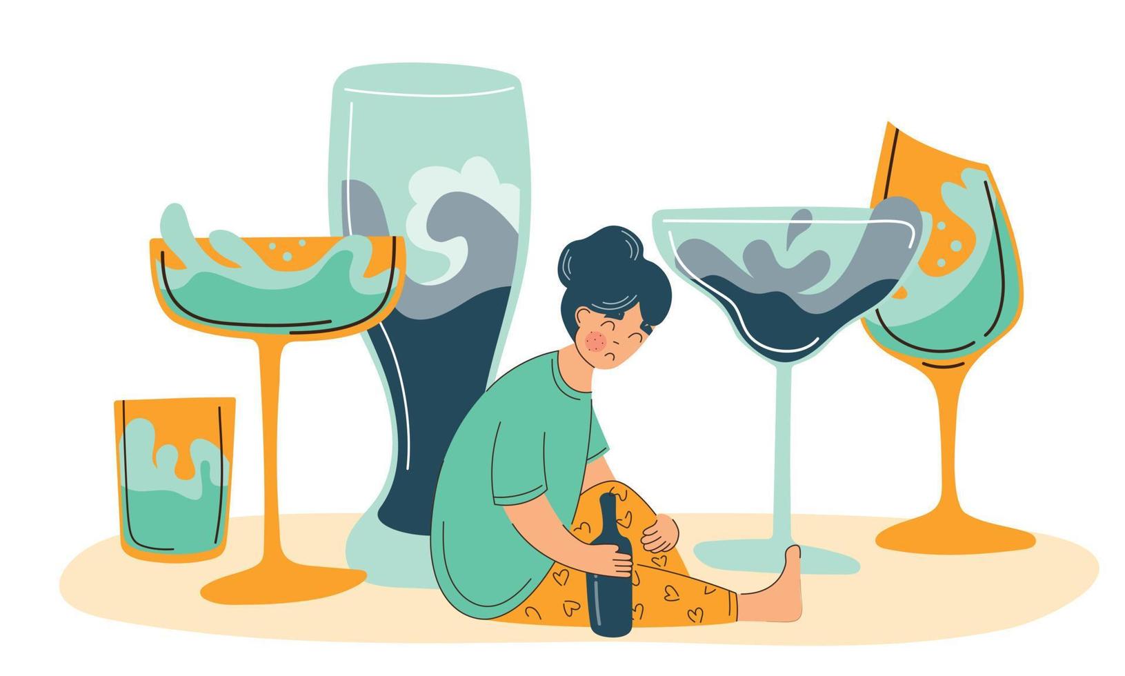 Alcohol abuse and depression problem of female. Woman alcoholism social problem. vector