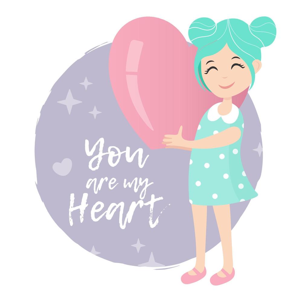 linda chica de dibujos animados con corazón. tarjeta de san valentín, guarde la tarjeta de felicitación de fecha. diseño de personajes de ilustración vectorial. vector