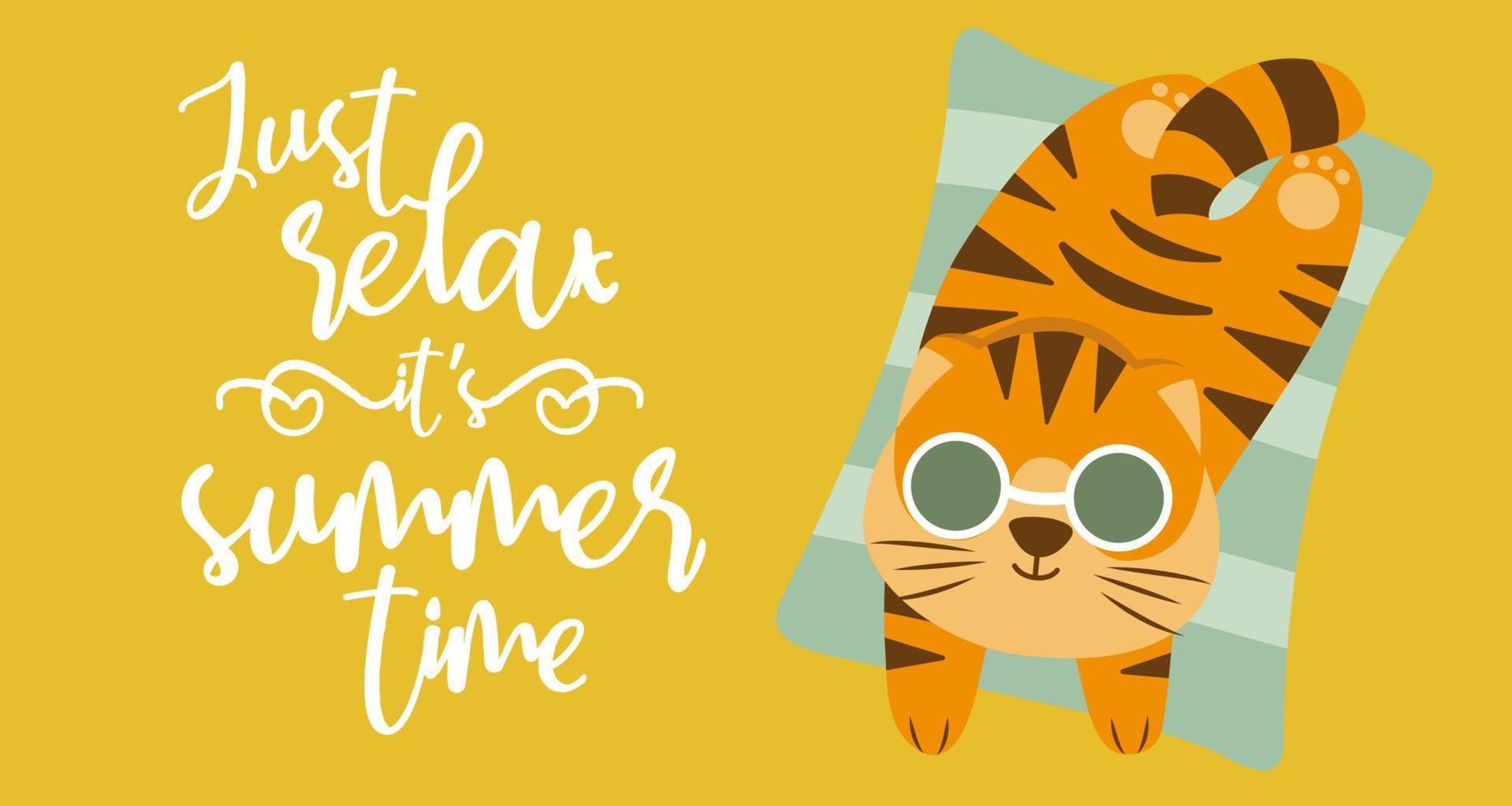 Tiger lie on beach. Relax concept. Lettering summer slogan. Card or banner, poster in sea colors. Summer mood. Vector charcter  illustration.