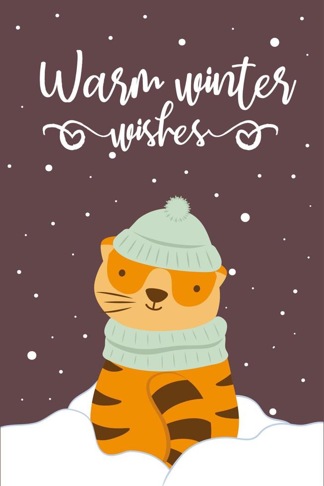 Cute vector tiger. Winter greating card with slogan. Warm winter wishes. Falling snow. Symbol of year. Poster with lettering.