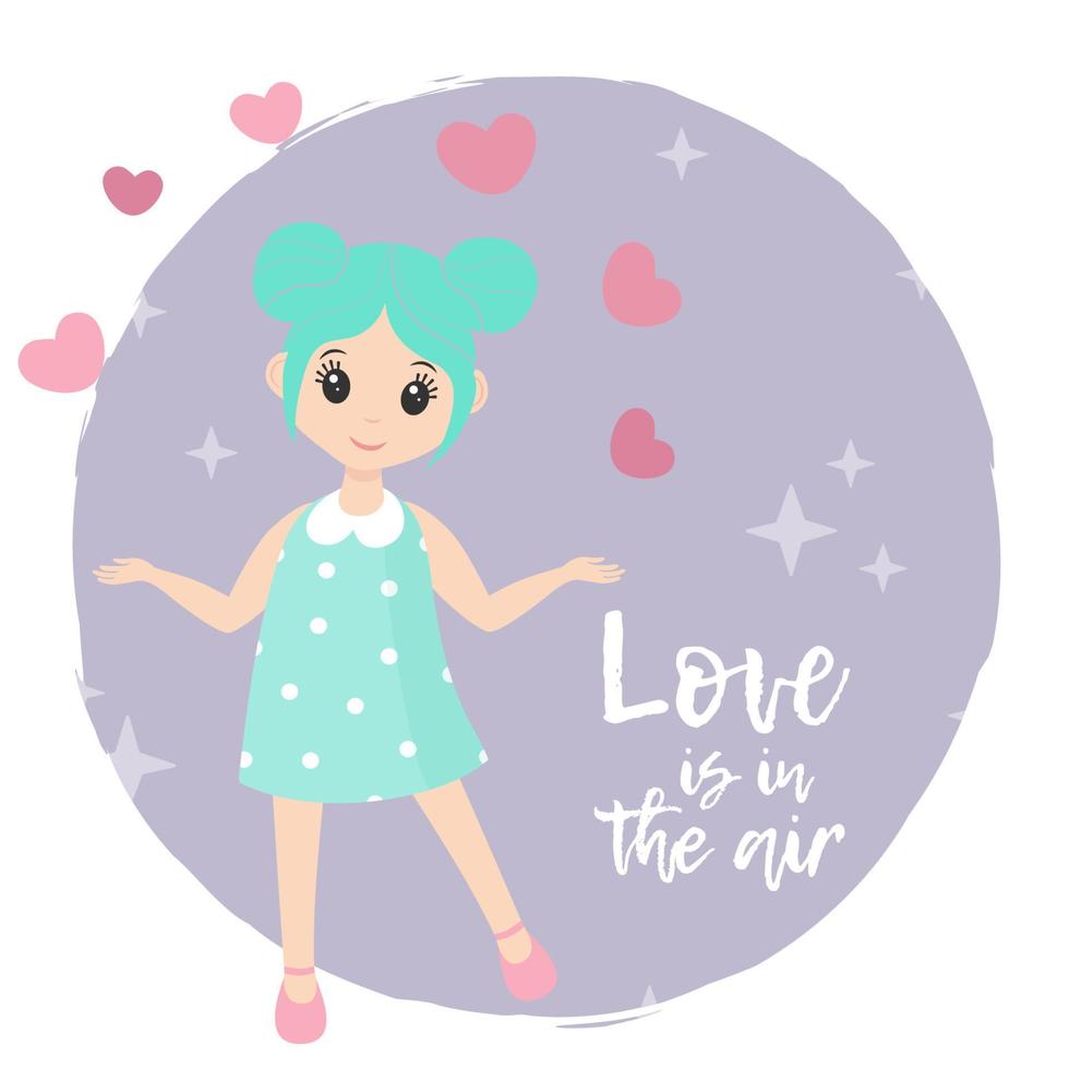 linda chica de dibujos animados con corazón. tarjeta de san valentín, guarde la tarjeta de felicitación de fecha. diseño de personajes de ilustración vectorial. vector