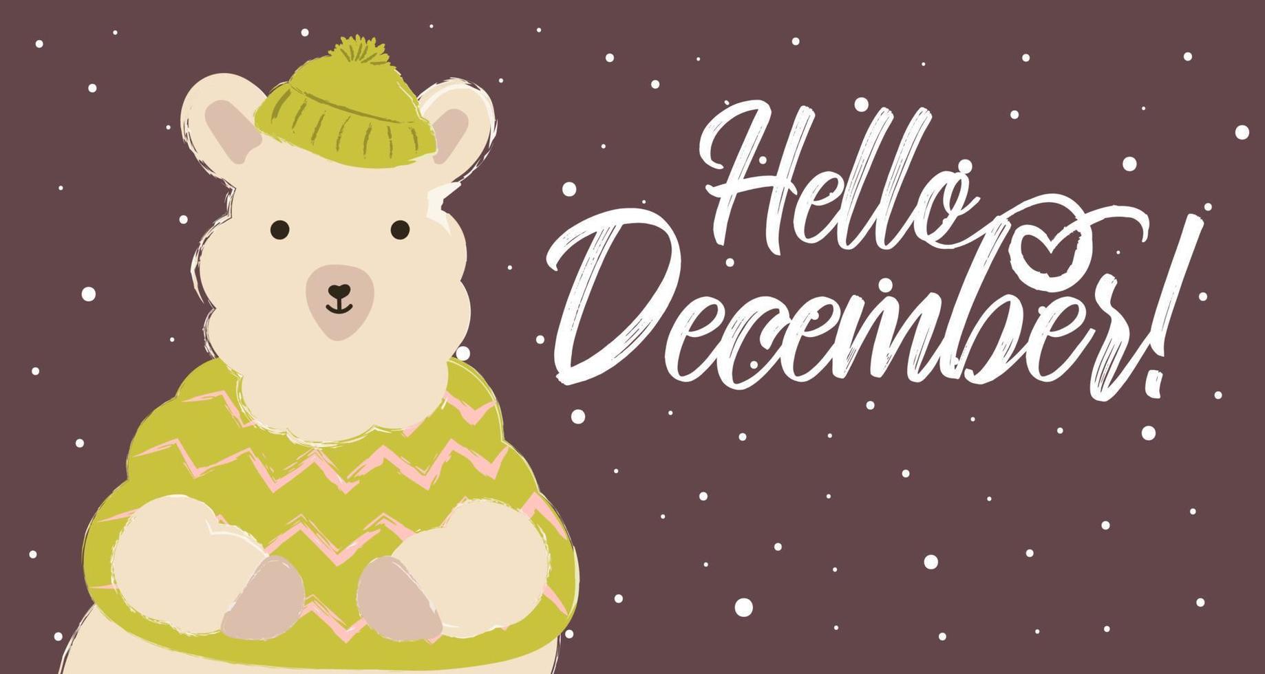 llama winter in hat and scarf cute hello december vector