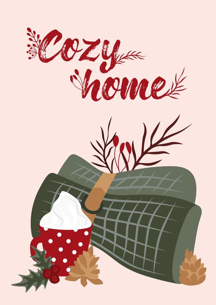 Winter happy holidays. Cozy vector collection in red and green colors. Winter posters. Ready made Compositions. Cute Hygge style.