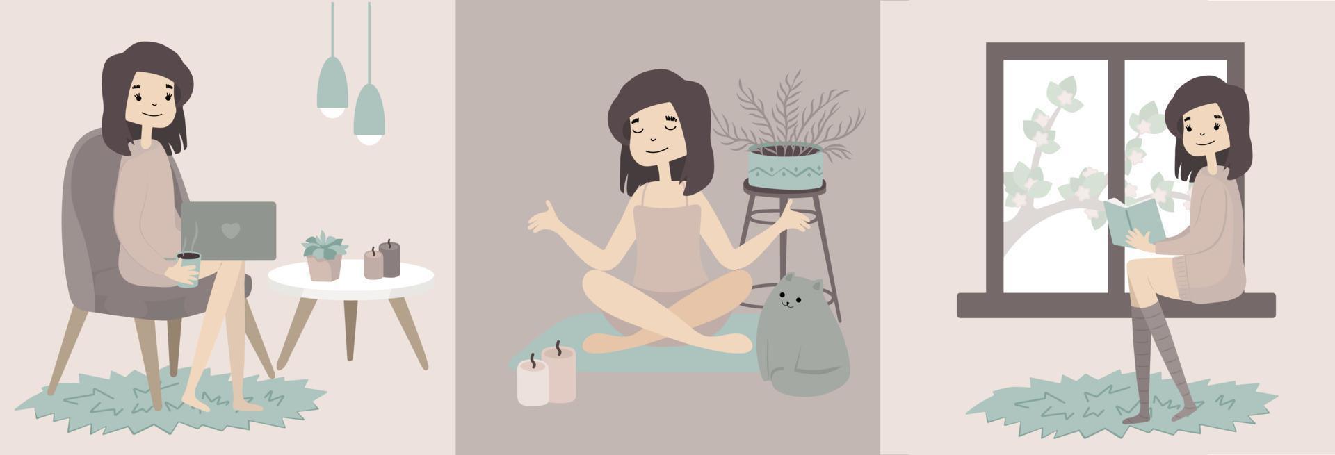 Stay home concept. Day routine. Girl working at home, reading book, doing yoga. Cozy modern scandinavian interior. Self isolation, quarantine. Coronavirus. vector