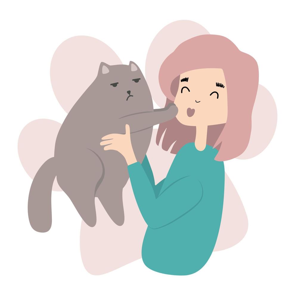 Girl holding big fluffy cat. Loving cats very much happy pets. Home is where your cat is. Cat day. Adopt pets. Cartoon vector style.