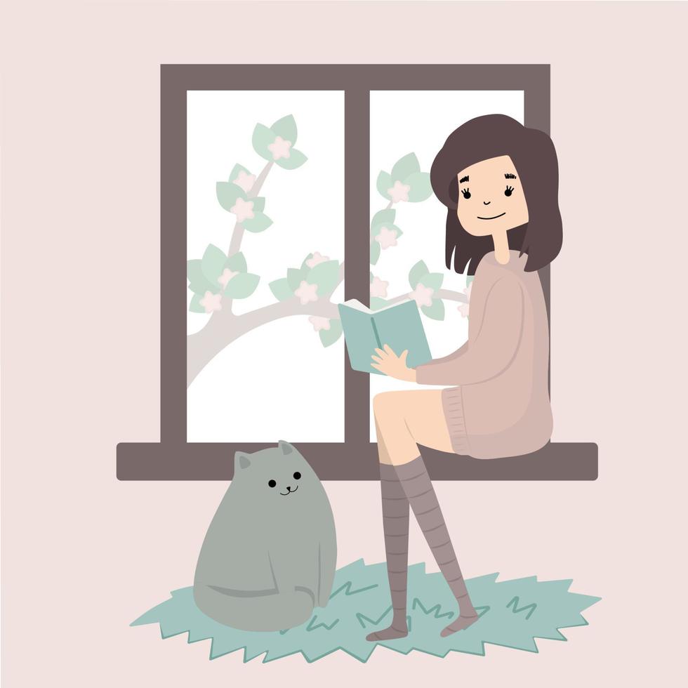 Stay home concept. Day routine. Girl reading book with cat.  Cozy modern scandinavian interior. Self isolation, quarantine. Coronavirus. vector