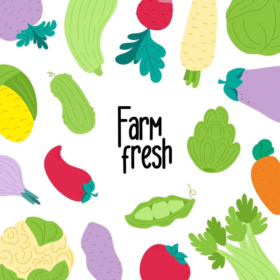Vegan slogan motivation. Farm fresh. Health lifestyle. Vegetables set vector